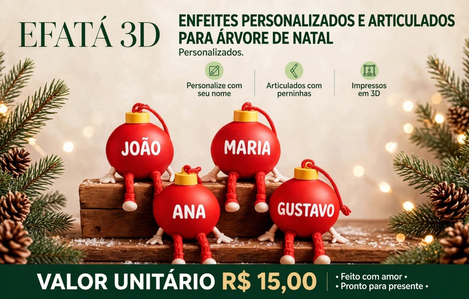 Enfeites natalinos vermelhos, articulados e personalizados com os nomes João, Maria, Ana e Gustavo