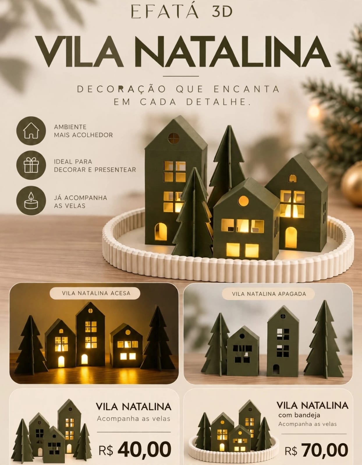 Vila Natalina verde com casinhas iluminadas e árvores sobre uma bandeja clara